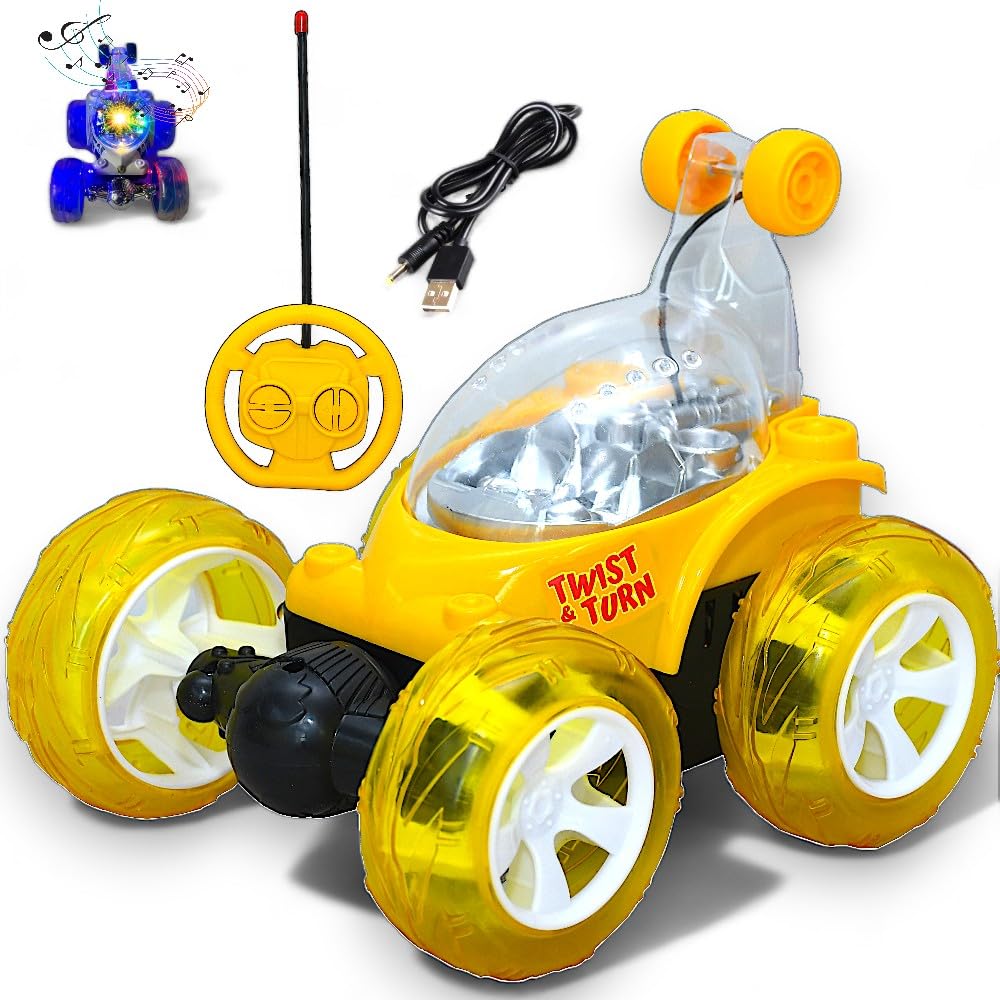 ToysNus Best BUY's Twist and Turn 360 Degree Rotating Musical Multicolor Lighting Stunt CAR 9802-4 Function- Yellow