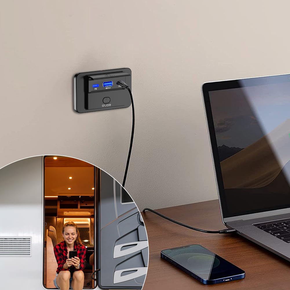 Wohnmobil Ladegerät 90W Mit USB A & C - 12V Ladebuchse Mit Ein/Aus Schalter