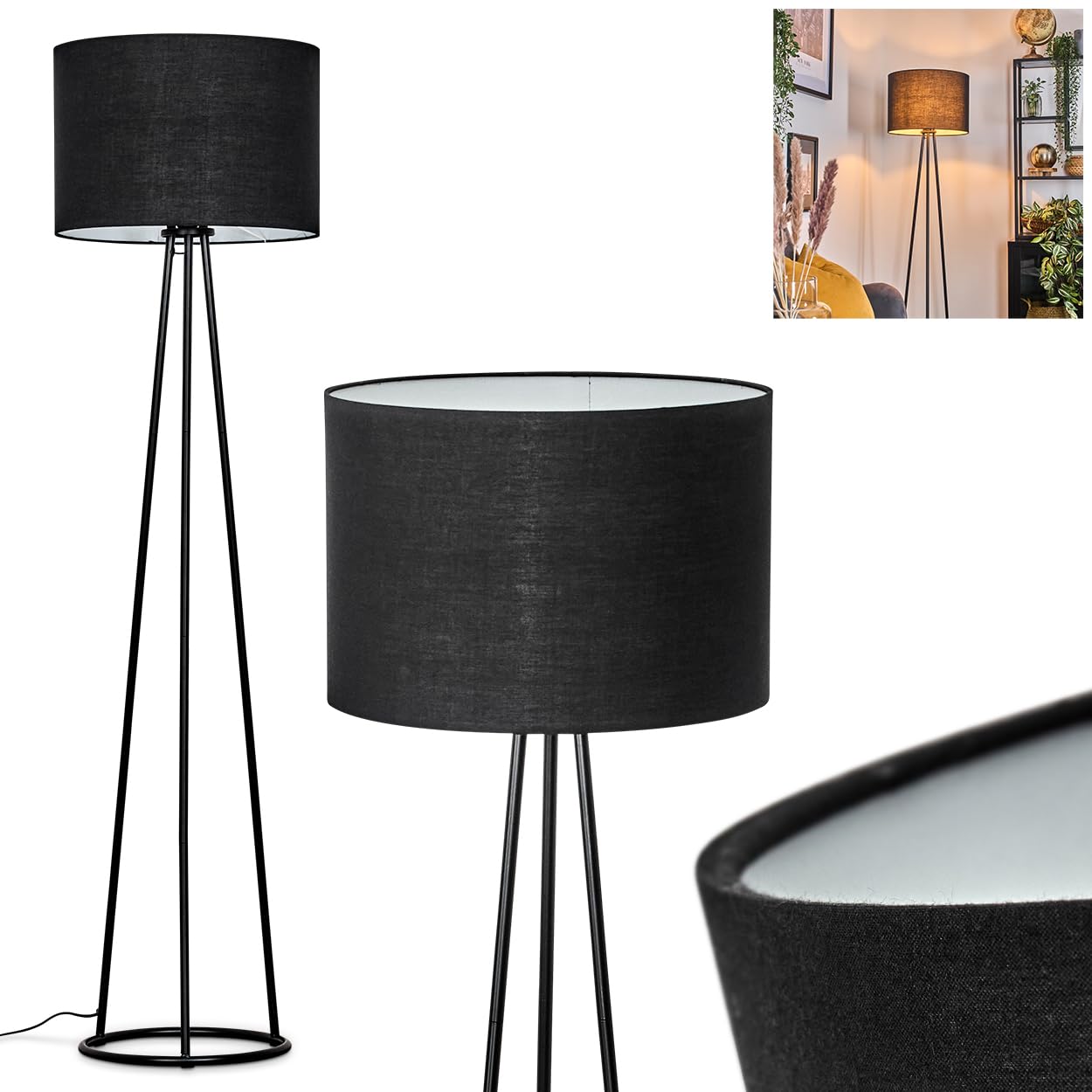 HOFSTEIN Stehleuchte Bassagoda, Stehlampe aus Metall/Stoff in Schwarz/Weiß, Leuchte im modernen Design mit rundem Schirm Ø 40 cm und Fußschalter, Höhe 152 cm, 1 x E27, Wohnzimmer, Schlafzimmer