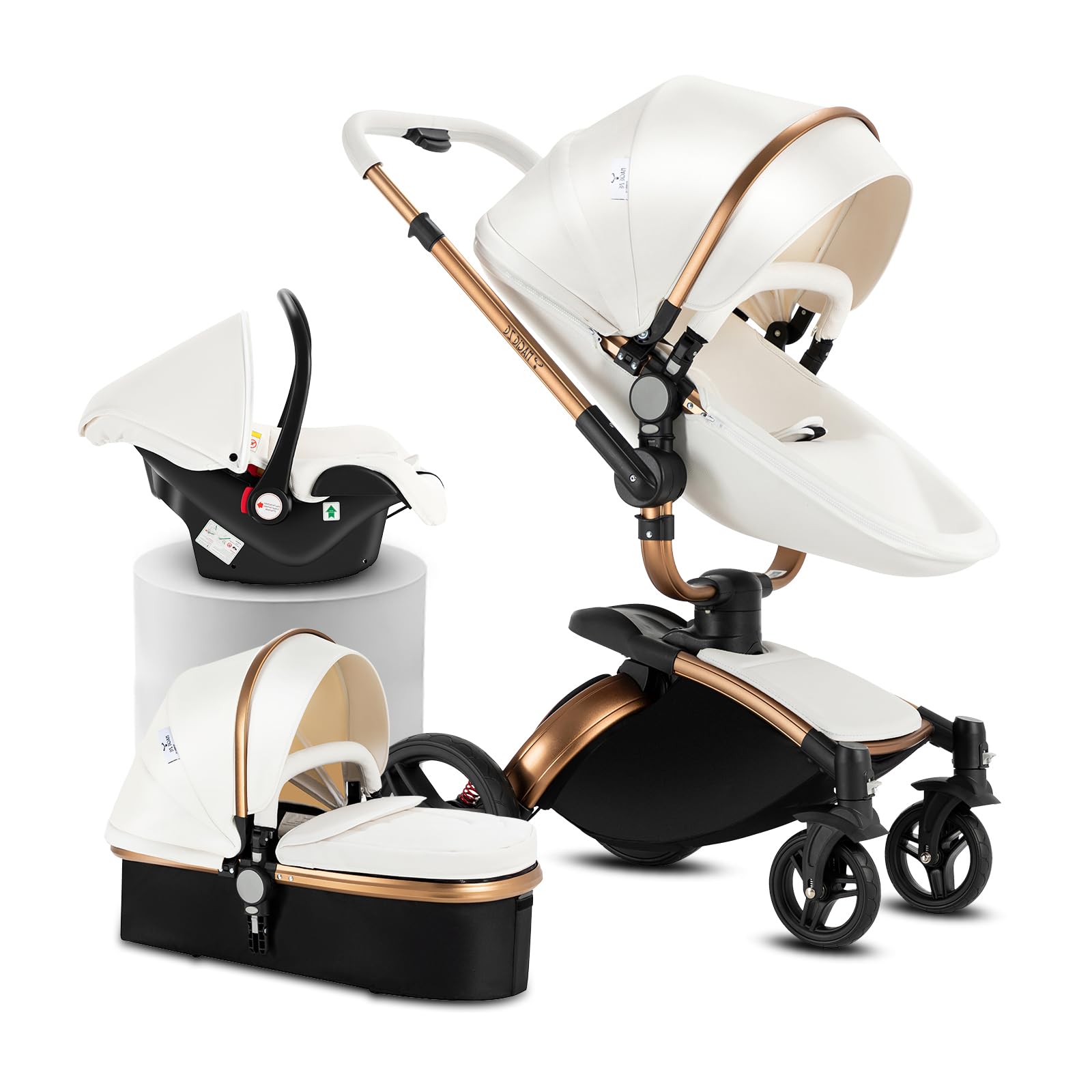 Reenborn Pelle PU Passeggino Trio, Passeggino 3 in 1 con Sedili Regolabili Rotanti 360°, Trio con Telaio Alluminio Paesaggistico Alto, Trio Passeggino Neonati Design Pieghevole in Un Clic (906 White)