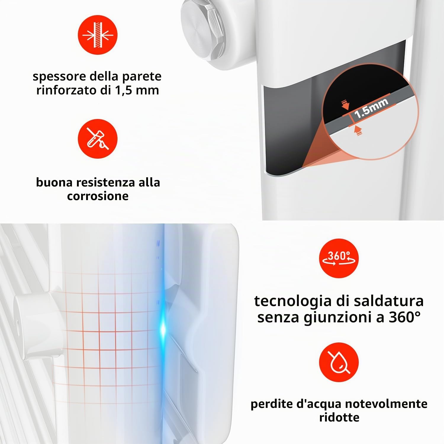 SONNI Termoarredo Design Piatto 1200x465mm Bianco 734W Orizzontale | Radiatore Piatto Monostrato 734W Per Bagno, Collegamento Laterale, Design Salvaspazio Per Ambiente Moderno