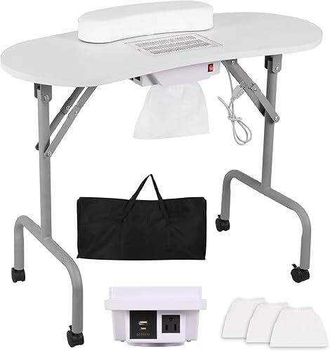 Miniatura 8 de Mesa de Manicura Portátil Escritorio de Uñas con Estación de Carga y Colector de Polvo, Mesa Plegable de Técnico de Uñas para Estación de Trabajo de