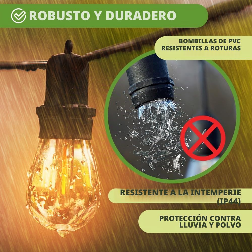 KRUMAD Cadena de luces LED para exteriores de 20 metros, E27, bombillas de luz cálida 2700K, resistente a la intemperie, cadena de luces para exteriores IP44 para jardín, balcón, terraza, decoración