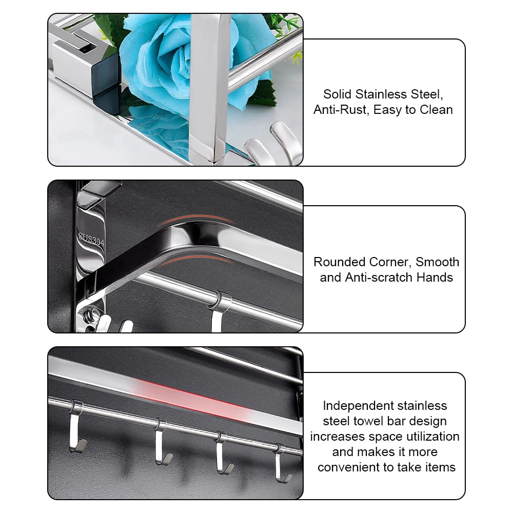 HONPHIER Towel Rail Wall Mounted 2-Tier Foldable Towel Holder Bath Towel Rack With Activity 5 Hooks SUS 304 Stainless Steel Towel Shelves Towel Rail for Bathroom Kitchen - Image 3