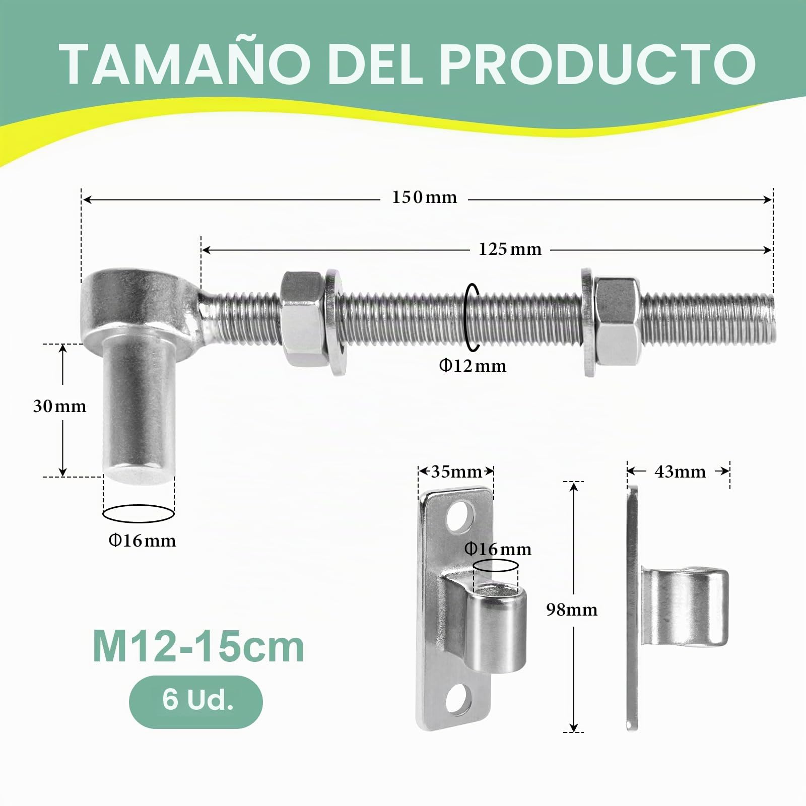Juego de 6 bisagras para puerta M12-15cm perno J, Bisagras resistentes puertas de jardín ajustable con 6 bisagras verticales para puertas de granja, cercas de madera y cercas metálicas