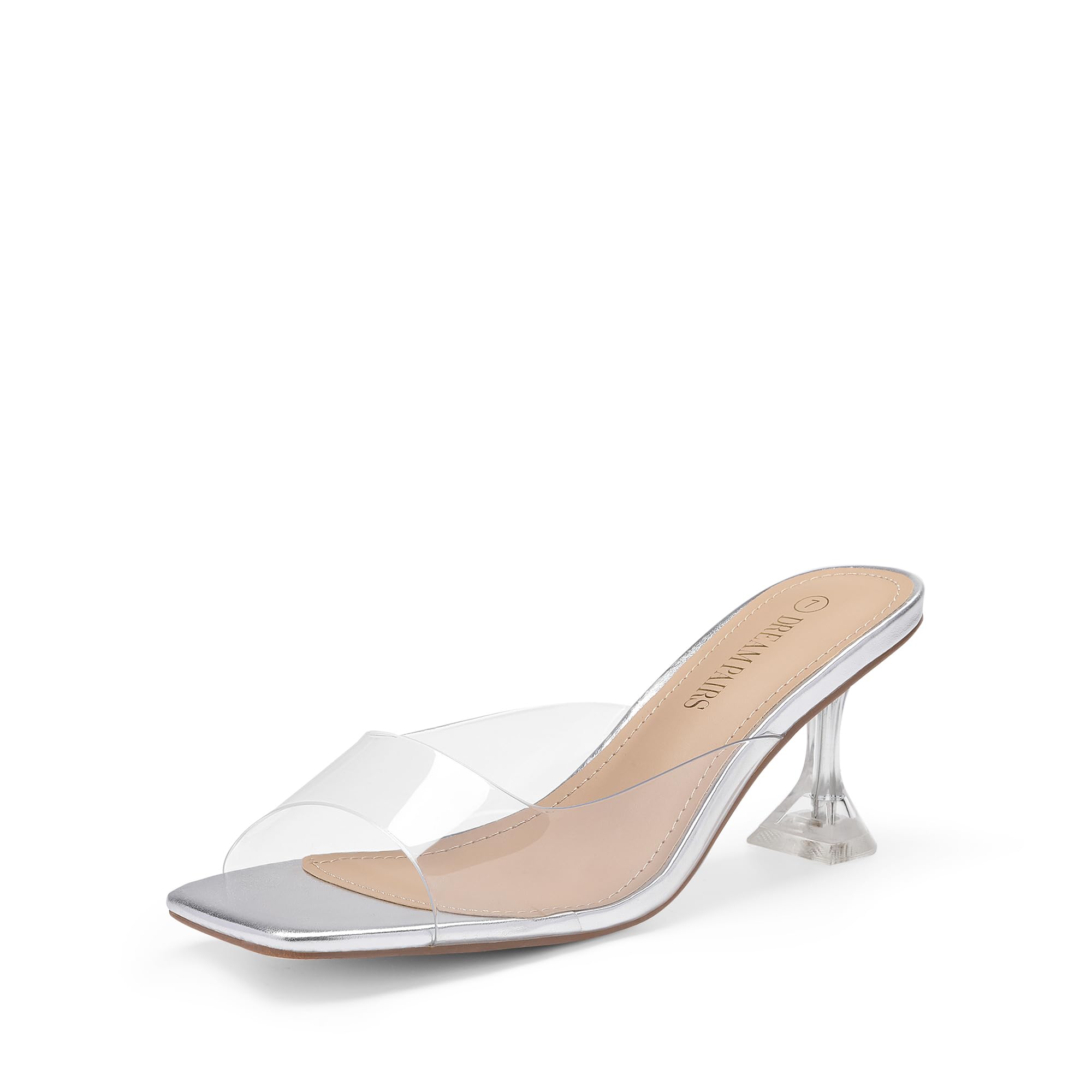 DREAM PAIRS Women's Clear Heeled Sandals Square Toe Transparent Stiletto Mules Slip on Wedding Dress Shoes
