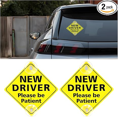2PCS New Driver Car Sign, 5 x 5 Inch Please Be Patient Vehicle Window Sign Stickers with Suction Cups, Safety Warning Automotive Decal for Beginners Driving Learner, Universal Fit (Style 1)