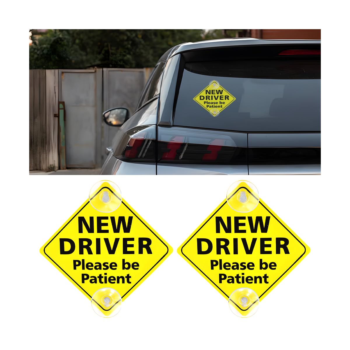 KHGUZ 2PCS New Driver Car Sign, 5 x 5 Inch Please Be Patient Vehicle Window Sign Stickers with Suction Cups, Safety Warning Automotive Decal for