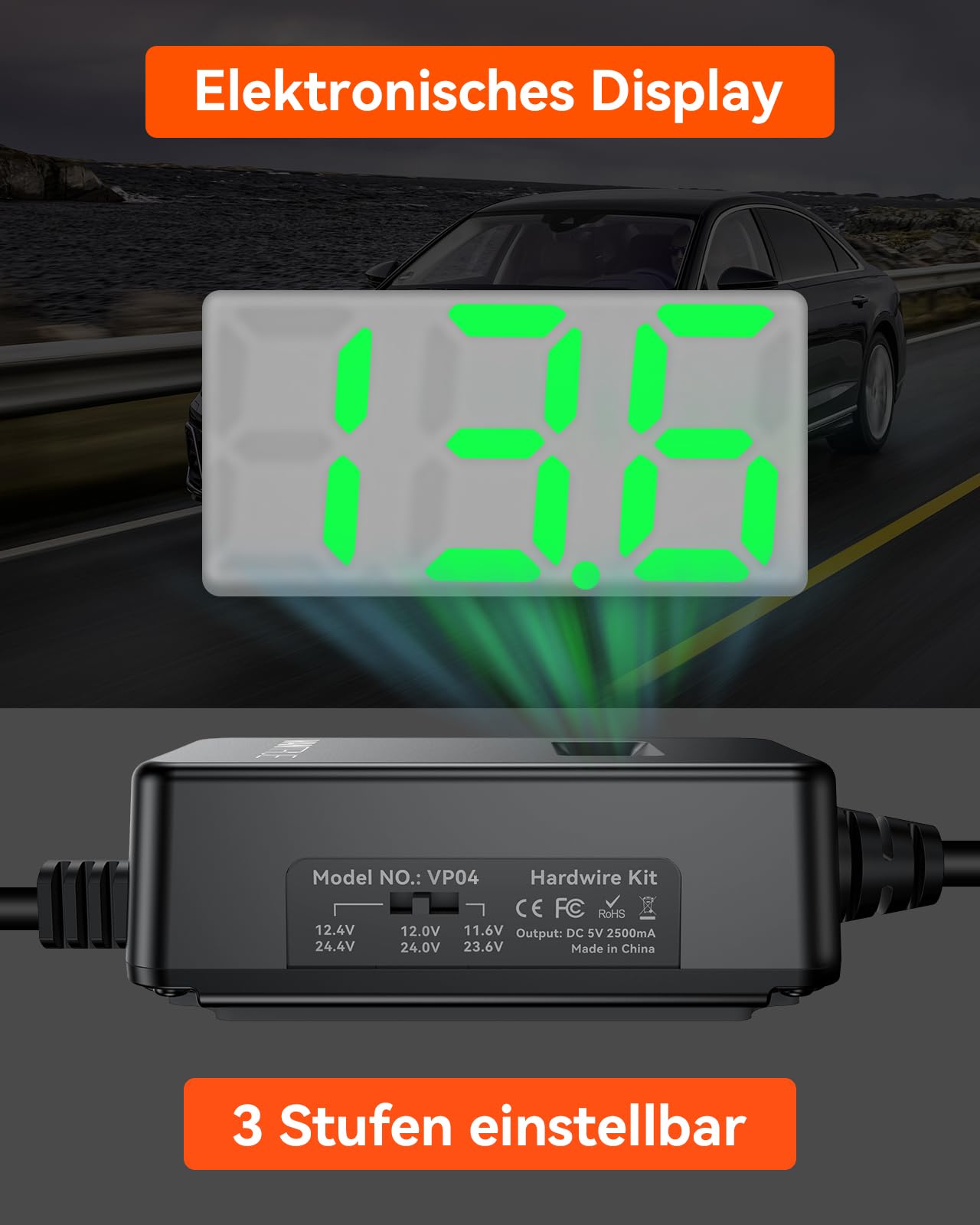 VANTRUE USB C Display OBD Hardwire mit 3 Stufen für alle Vantrue Dash Cam Halterung, Niederspannungsschutz 11.6V/12V/12.4V, 23.6V/24V/24.4V, 24 Std. Parküberwachung, 3 Meter Lang (VP04)