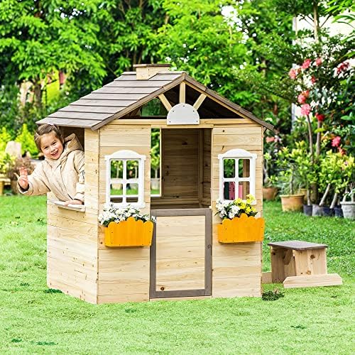 Wooden Playhouse for 3-6 Years Boy Girl, Outdoor Cottage Playhouse w/Bench, Door, 2 Windows, 3 Serving Station, Shelf & Flowerpot Holder, Outdoor Garden Lawn Patio Yard Cottage for 3-6 Age Boy Girl.