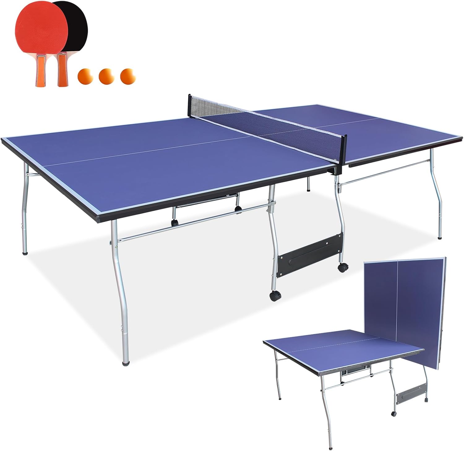 Portable Table Tennis Table, Foldable Ping Pong Game Set for Indoor/Outdoor, Ping Pong Table Top with Net, 2 Paddles and 3 Balls, Playback Mode,10 Minute Quick & Easy Assembly Blue-8FT-Curved Legs