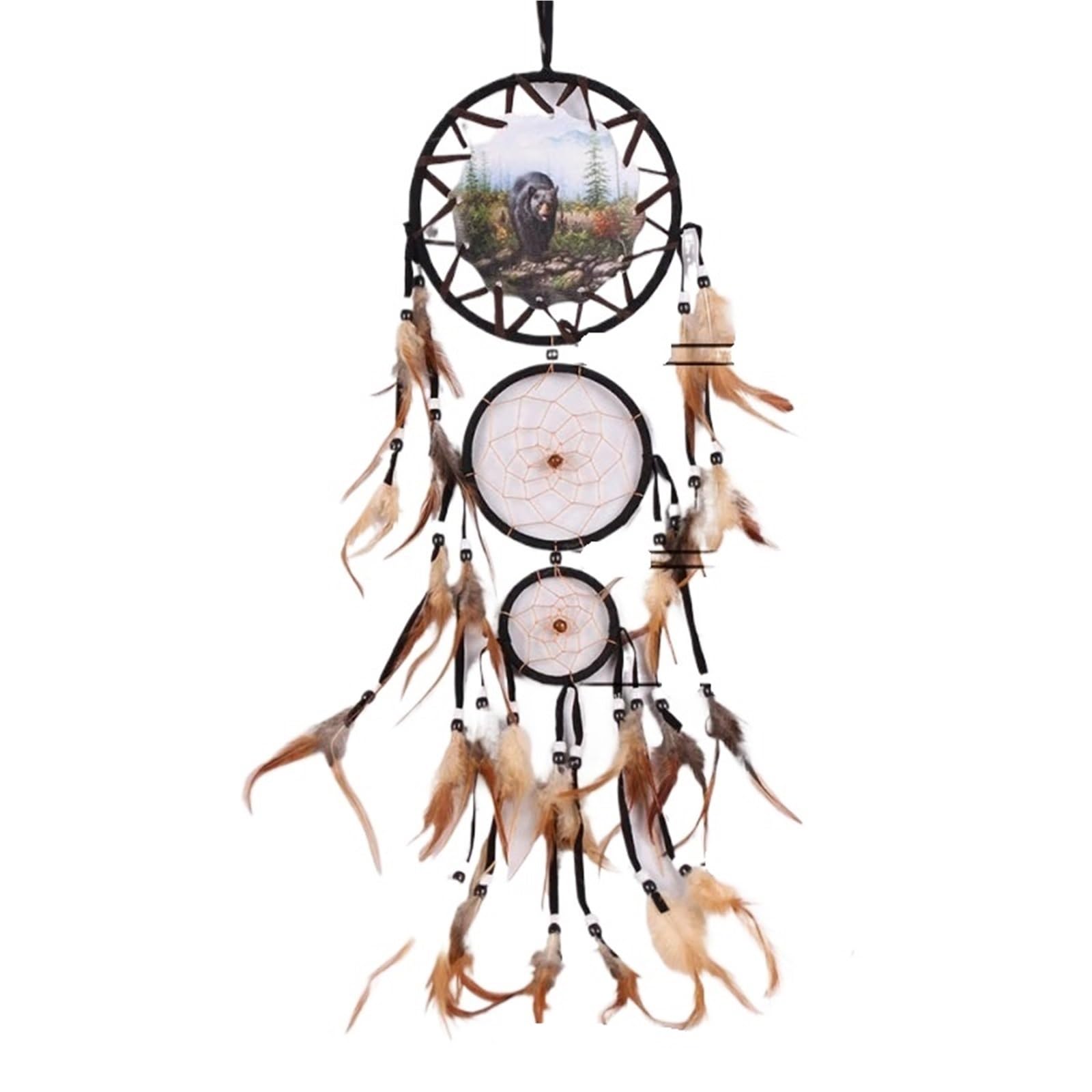 3PCS Handmade Dream Catcher With Brown Feathers Bead Home Hanging Wind Chimes Decoration for Bedroom(Style02)