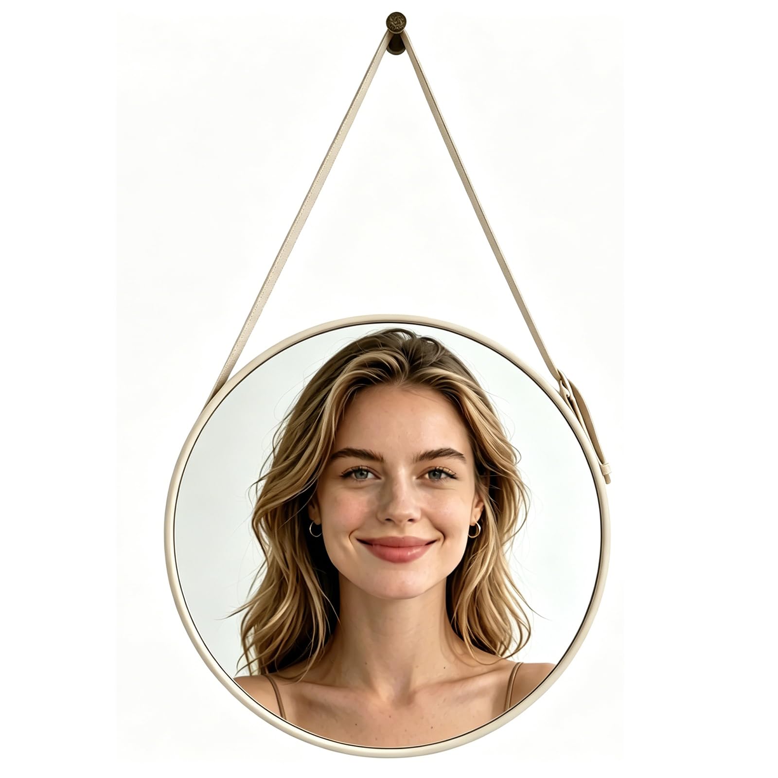 Miroir mural rond haut de gamme crème 23.6in avec suspension cuir