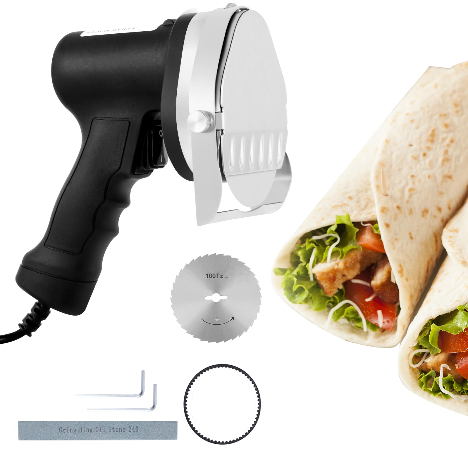 YJINGRUI Dönermesser Elektrisch, Elektrisches Kebabmesser/Schneidemesser, 2 Edelstahlklingen​, 80 Watt mit Schnittdicken-Einstellung 0.5-8 mm für Dönerläden und Restaurants