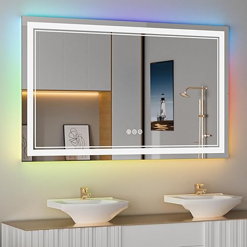ISTRIPMF Espejo de baño LED RGB de 55 x 36 pulgadas con luces, espejo LED RGB retroiluminado que cambia de color para baño, espejos de tocador