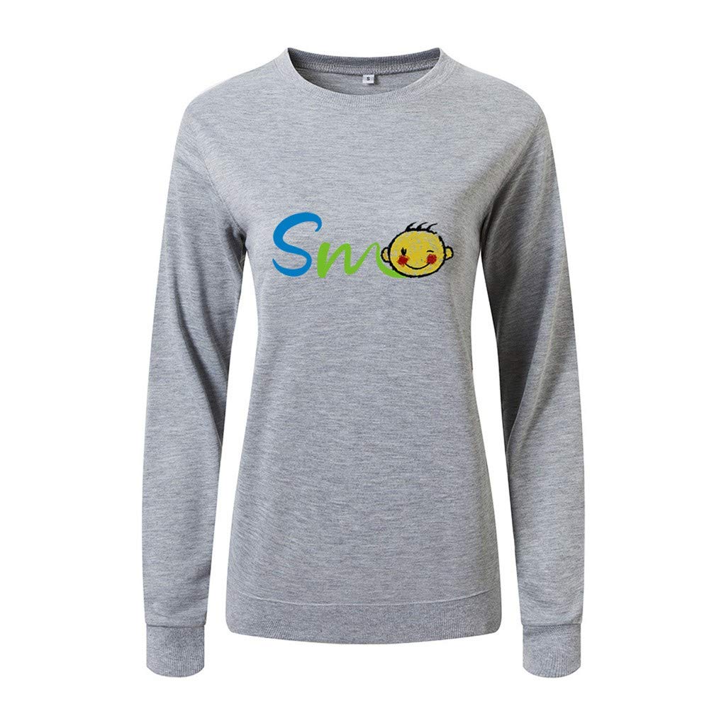HNTDG Fashion Women Solid Color O-Neck Print Cartoon Loose Long Sleeve Top Pullover Sweatshirt Blouse Gray