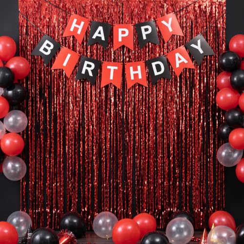 Image of TONIFUL 2Pcs Wavy Red Metallic Tinsel Foil Fringe Curtain Laser Streamers | 3.3ftx6.6ft Photo Booth Backdrop Tinsel Streamer Curtain, Props for Bachelorette Birthday New Year Graduation Christmas Decor