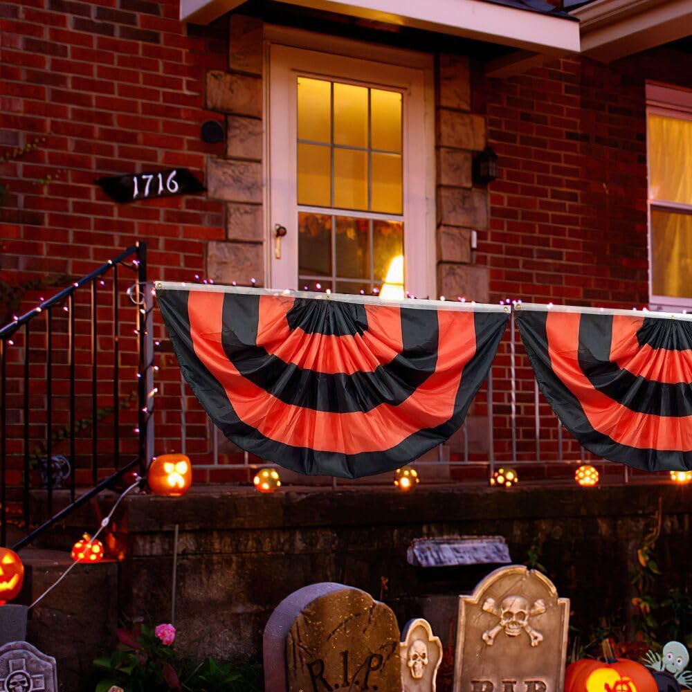 3x6 Ft Fall Pleated Fan Flag Bunting for Outside Garden, Halloween Half Fan Banner Flag with Brass Grommets for Harvest Indoor Outdoor Yard Decorations (Black) - Image 3