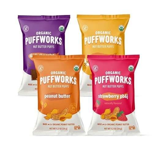 Puffworks Paquete variado de cuatro sabores de mantequilla de maní orgánica (original, PBJ, chocolate oscuro, miel), aperitivo de proteínas a base