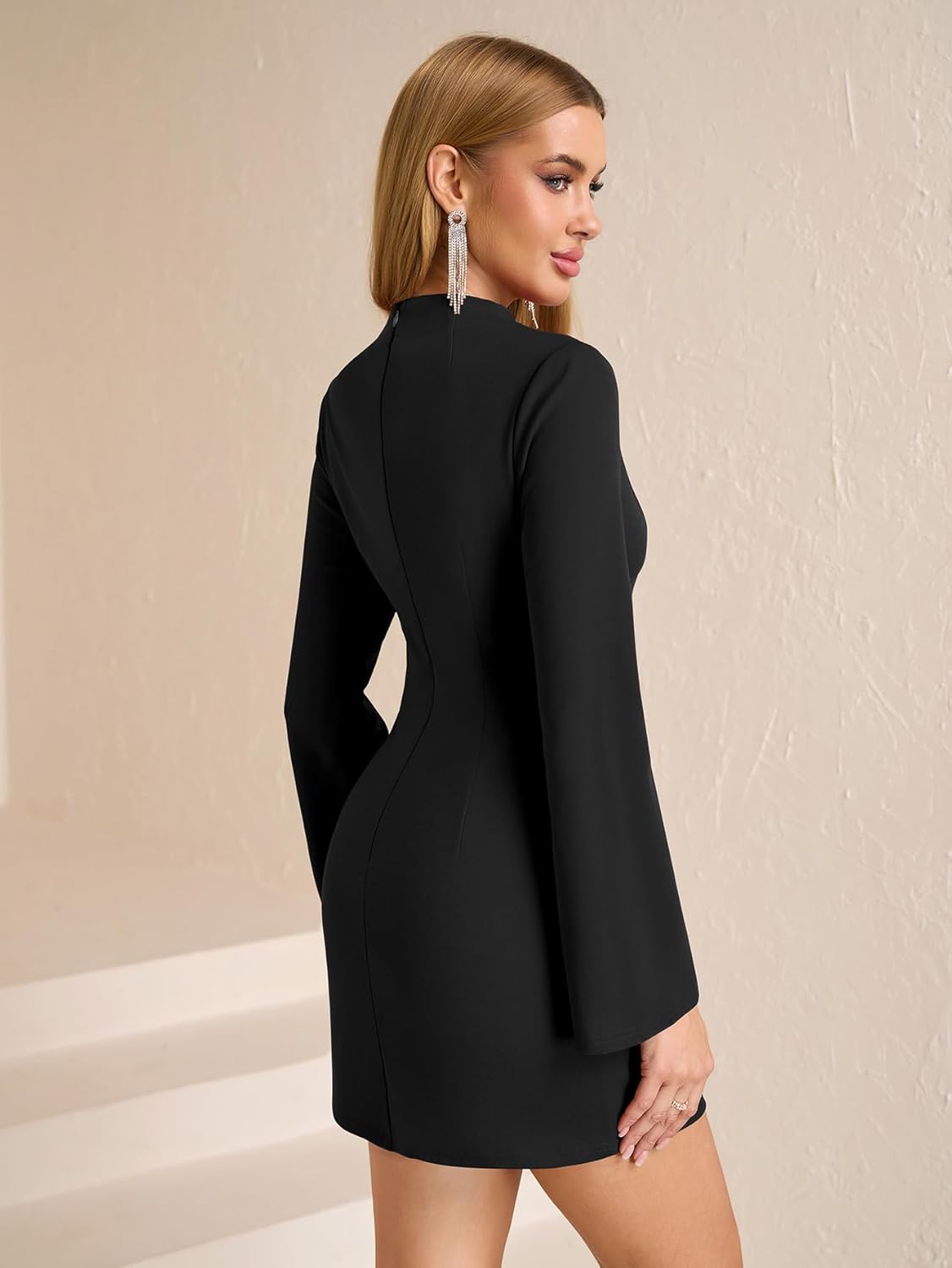 HTZMO Women Fall Long Sleeve Mock Neck Mini Dress Bodycon Formal Going Out Homecoming Short Dresses with Pockets - Image 2