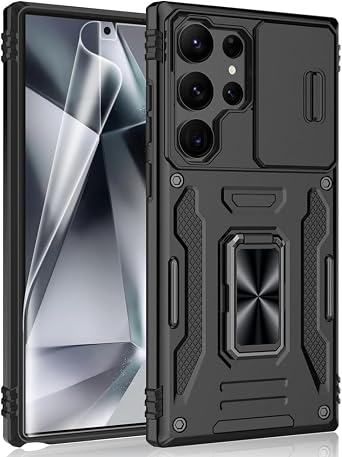 for Samsung Galaxy S24 Ultra Case, Shockproof Phone Case & Sliding Camera Cover & Ring Holder Kickstand with Screen Protector for Samsung Galaxy S24 Ultra 5G 6.8", 2024 [Black]