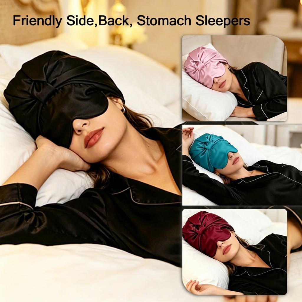 2-in-1 Satin Sleep Bonnet with Eye Mask for Women –Silk-Lined Hair Bonnet for Sleeping, Adjustable, Anti-Frizz for Curly Hair