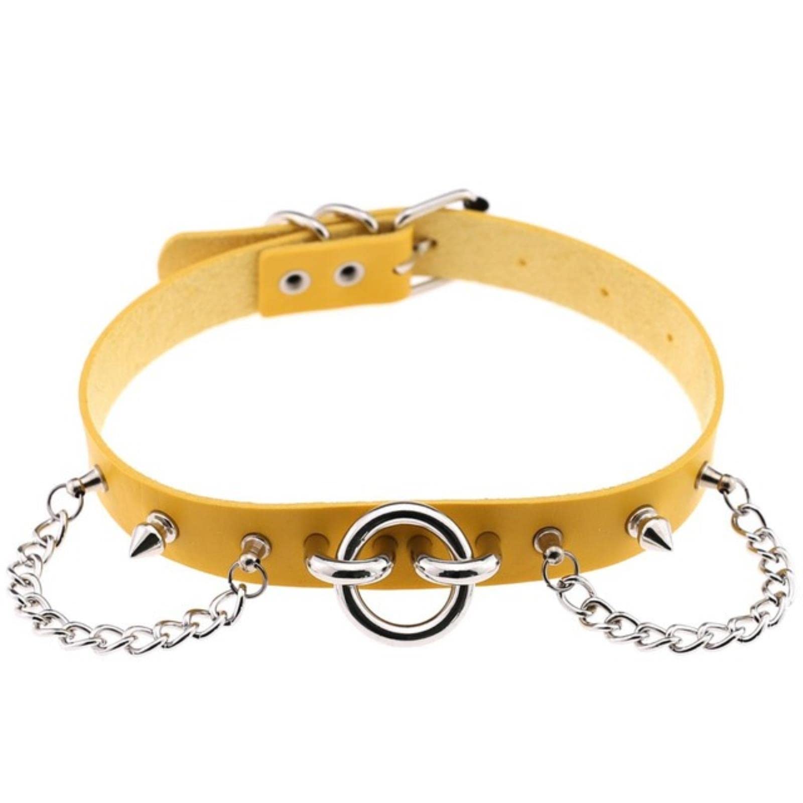 WEITING Steampunk Yellow Goth Spike Rivet Choker Collar Necklace Women Men Hip Hop Rock Metal Round Pentagram PU Leather Necklaces-Style6 Yellow