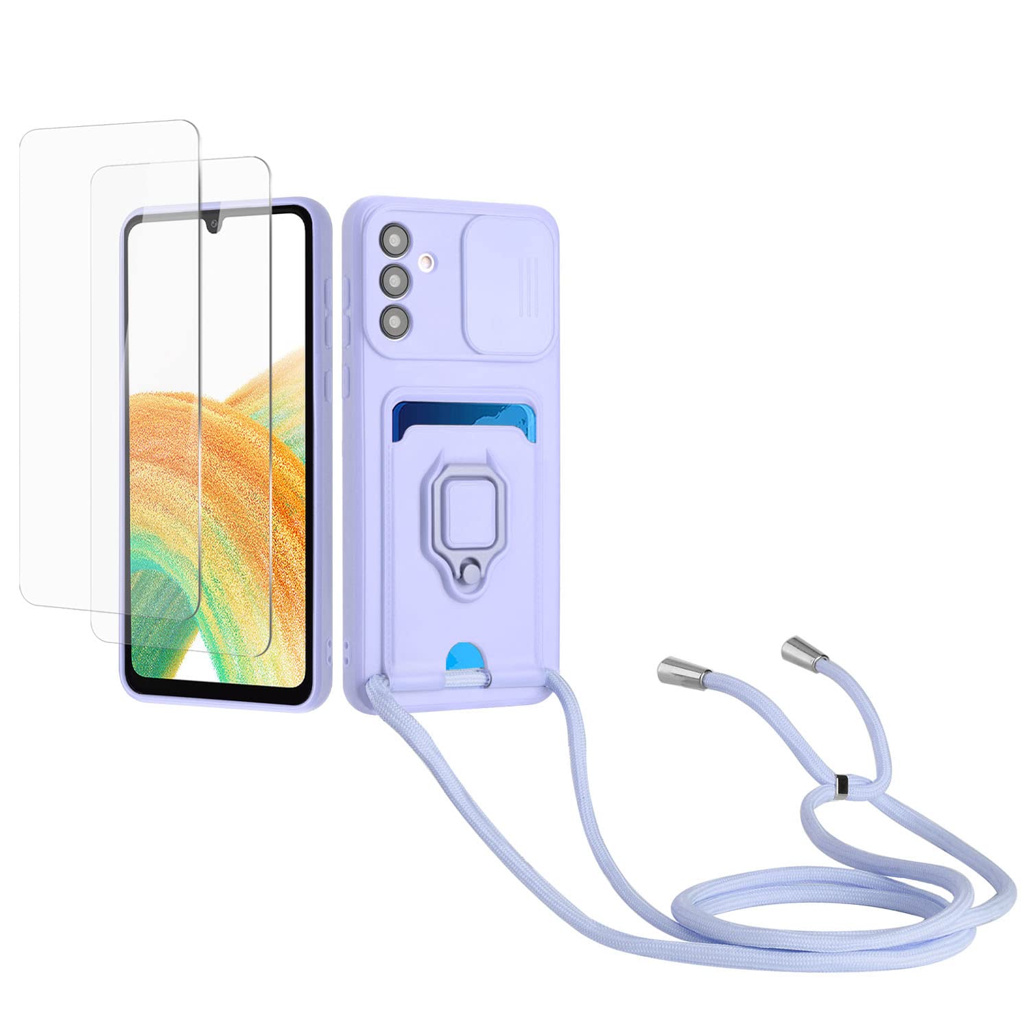 Kaslly Funda con Cuerda para Samsung Galaxy A35+[2 Pack Protector Pantalla],Case con Ranura para Tarjetas,Cubierta de Cámara Deslizante Proteger,Doble Cara Protección-Negro — view 37