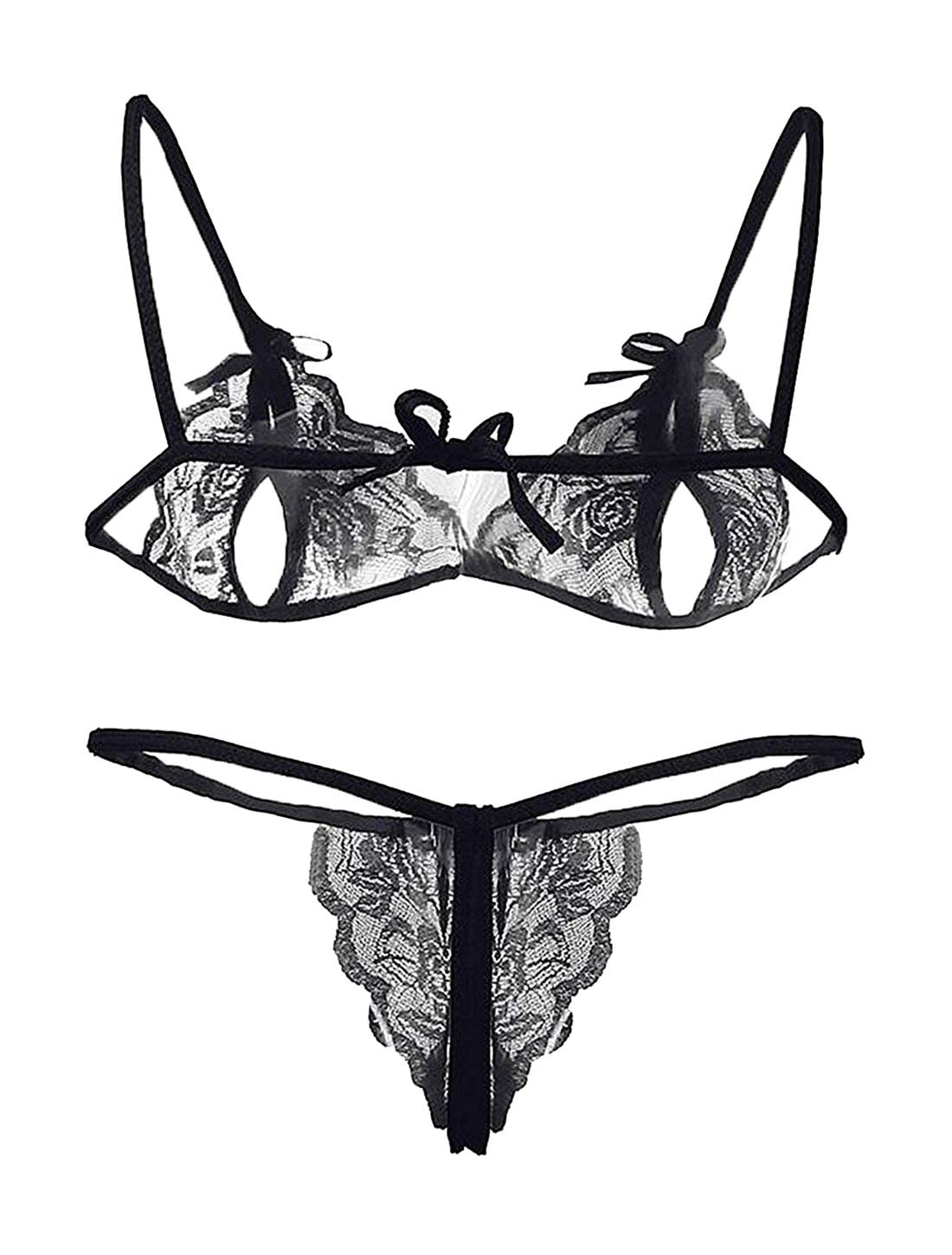 SoSh Love Sexy Women Girl Lingerie Lace Babydoll V Neck Chemise with Bra Panty Nightwear Babydoll Lingerie Set for Honeymoon Nightwear Beahwear BeachParty Lingerie with Panty Free Size Black - Image 4 thumbnail