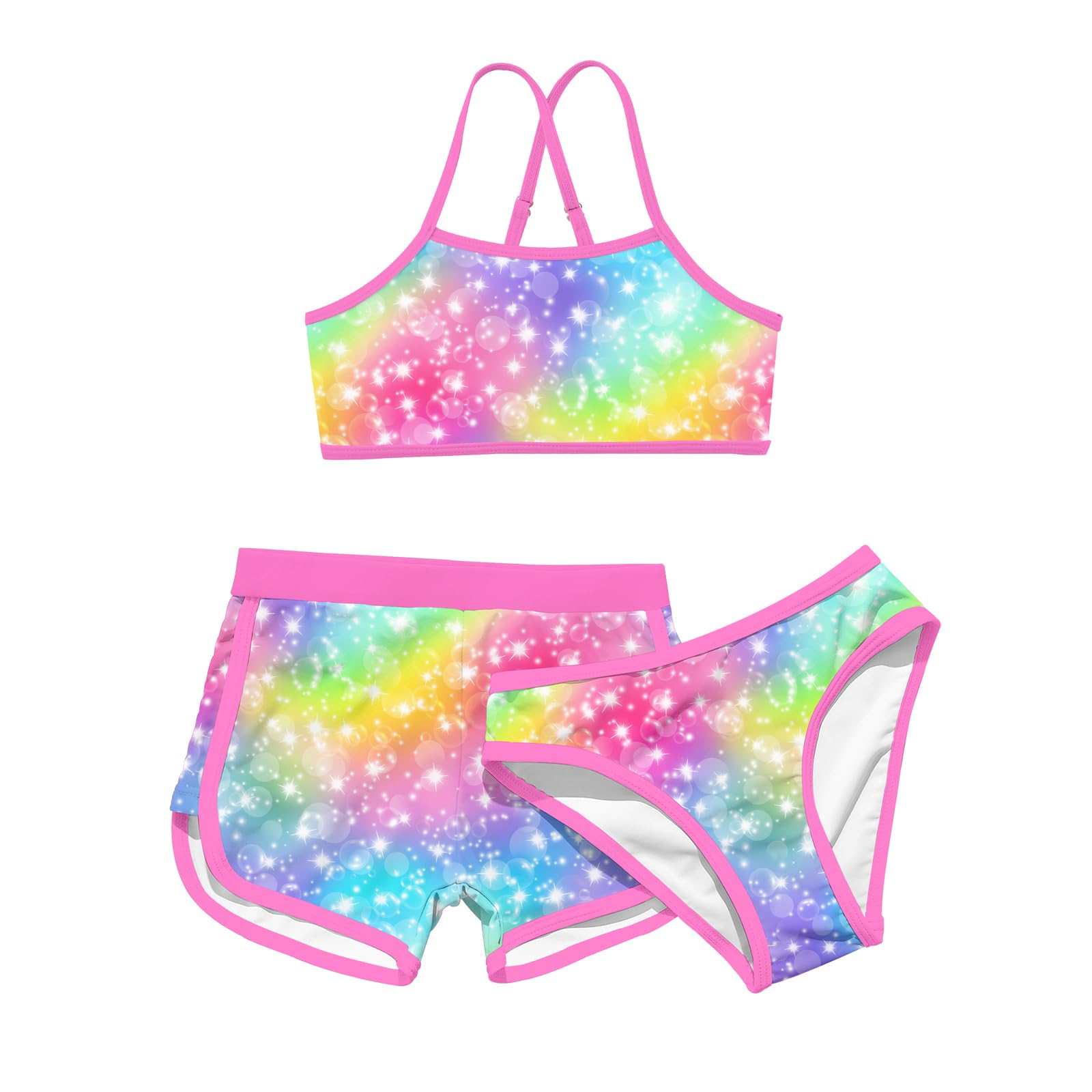 Funnycokid Girls Swimsuit 3 Piece Hawaii Bathing Suit Bikini Set with Shorts Swimwear 7-14 Years