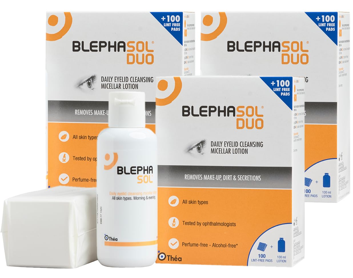 Blephasol Duo Micellar Eyelid Cleansing Lotion | Gentle, Effective Removal of Dirt & Makeup from sensitive Eyelids and Lashes | Perfume & Alcohol-Free | 3 PACK | 3 x 100 ml Bottle |300 Lint-Free Pads