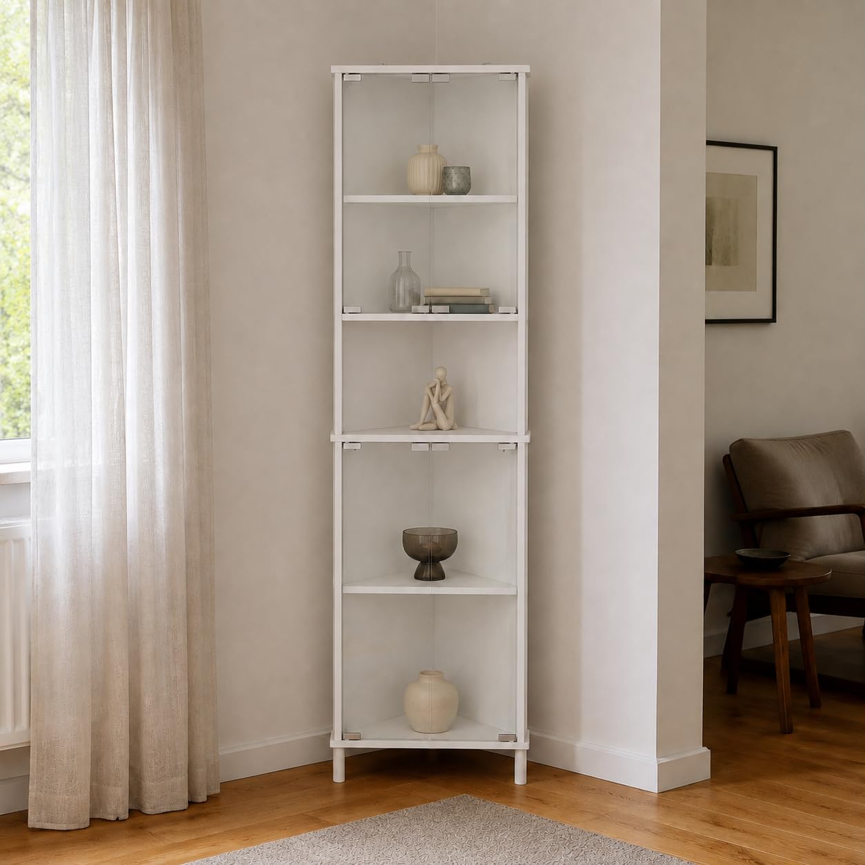 DEZAGCE 173cm 5-Tier Corner Display Cabinet with Glass Doors, White โ image 1