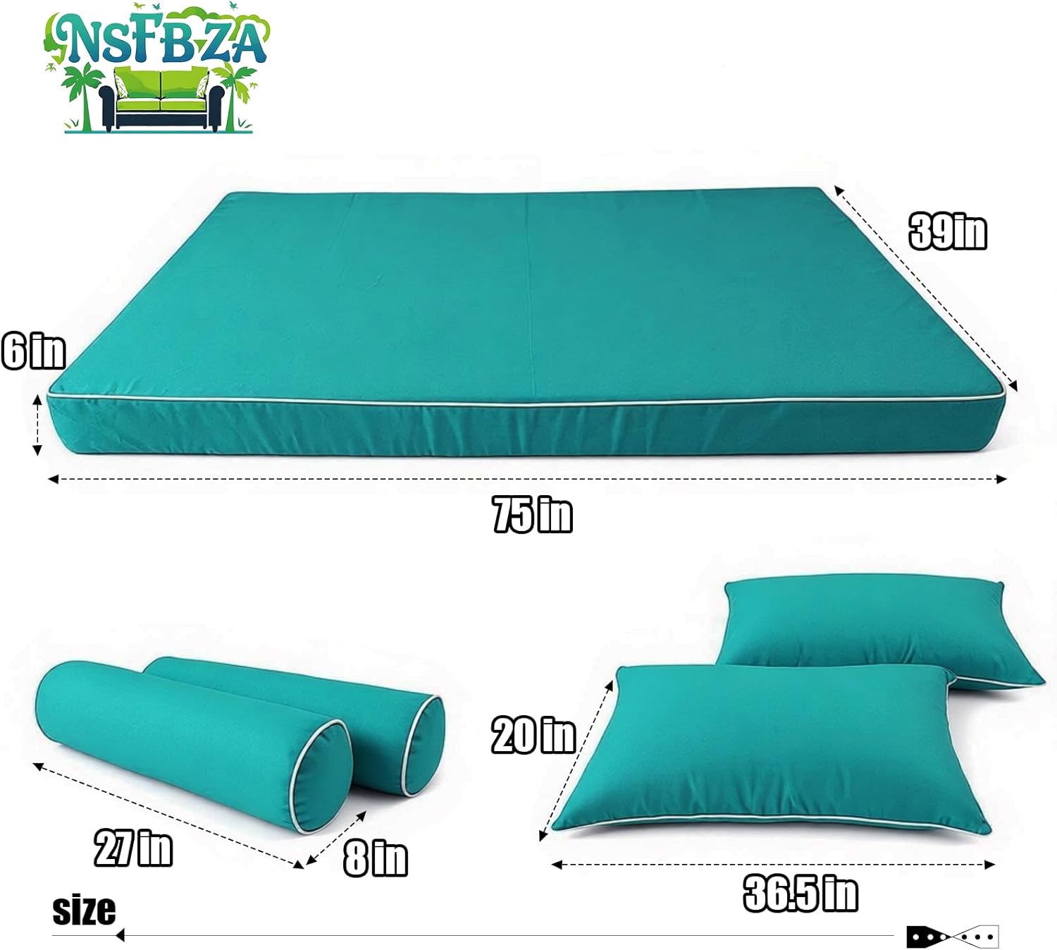 Outdoor Twin Size Patio Swing Bed Mattress and Pillows Cover with Zipper,Fade Resistant 6 Inch Porch Daybed Cushion Waterproof Covers (Cyan, 75 * 39 * 6in)