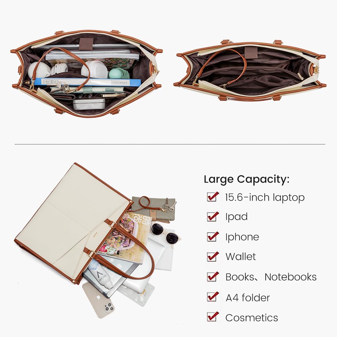 LOVEVOOK Laptop Bag for Women, 15.6 inch Laptop Tote Work Bag Cancas Casual Handbag for Travel Lightweight Shoulder Bags, Brown Beige