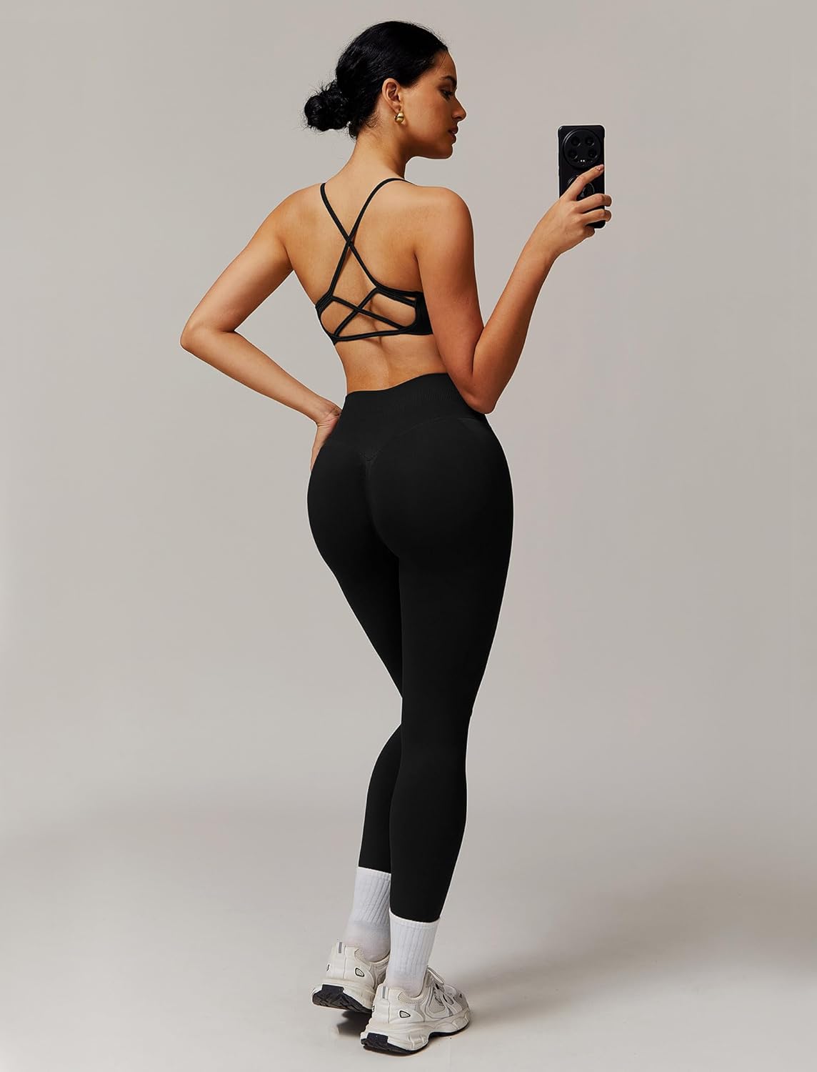 ABOCIW Workout Sets for Women 2 Piece Seamless Backless Strappy Sports Bra Scrunch Butt Lifting High Waist Leggings Gym Set Work Out Clothes Black Large - Image 5