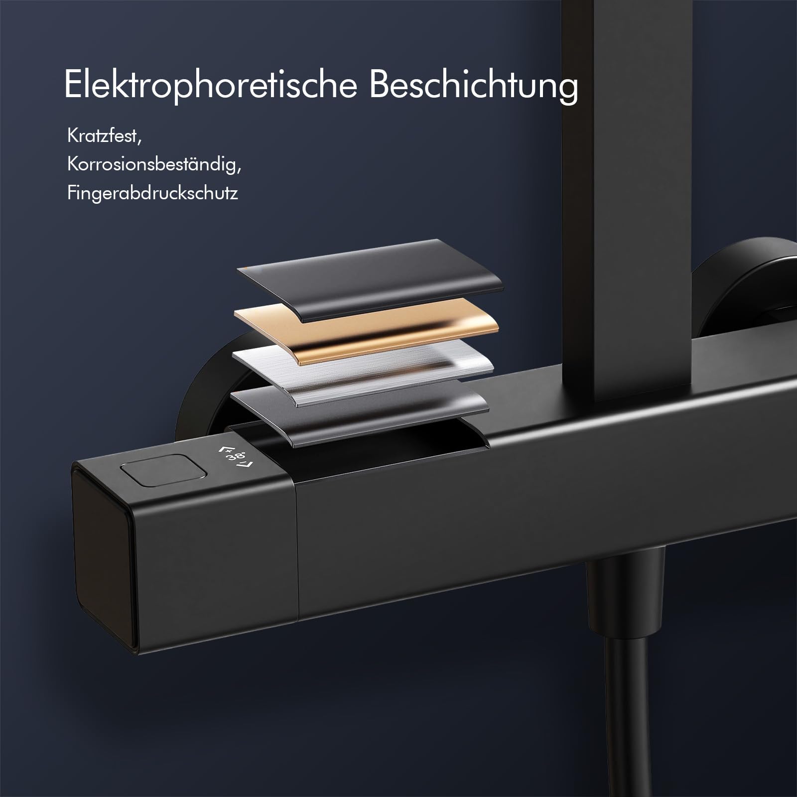 HOMELODY Duschsystem mit Thermostat & Duschablage Schwarz - Duscharmatur Komplettset mit Handbrause & Kopfbrause - Höhenverstellbar, 38 °C Sicherheitssperre, Wandmontage für modernes Badezimmer