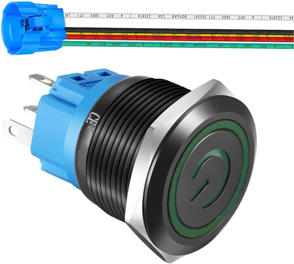 Gebildet 22mm Stainless Steel Latching Push Button Switch 110V-220V/5A Power Symbol LED 1NO1NC SPDT ON Off Waterproof Toggle Switch with Wire Socket Plug (Green LED/Black Shell)