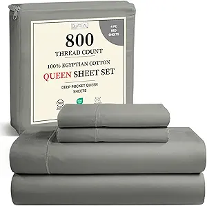 Egyptian Cotton Sheets Queen Size Bed Set Deep Pockets, 800 TC Cotton Queen Sheet Set, Soft Breathable Sateen Weave Elasticated Sheet & Pillowcase Sets, No Pill & Shrink, Machine washable- Silver