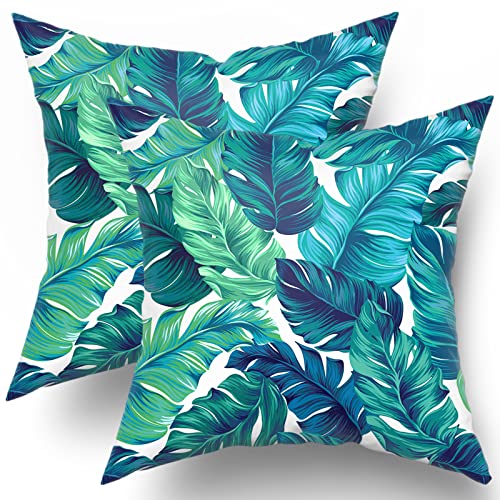 Sweetshow Tropical Leaves Pillow Covers 18x18 Inch Summer Decorative Green Palm Leaf Throw Pillow Covers Set of 2 Soft Cotton Pillow Case Square Cushion Covers for Home Couch Sofa Patio Bedroom