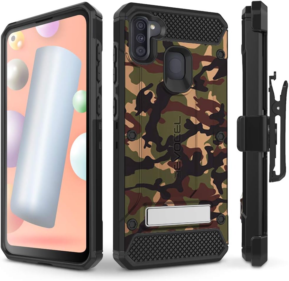 Evocel Galaxy A11 Explorer Series Pro with Glass Screen Protector and Belt Clip Holster for The Samsung Galaxy A11, Camouflage