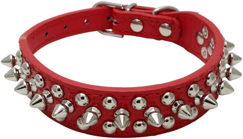 Benala Adjustable Decorated Leather Dog Collar with Spikes and Studs Pet Dog Collar for Small or Medium Pet Red,M