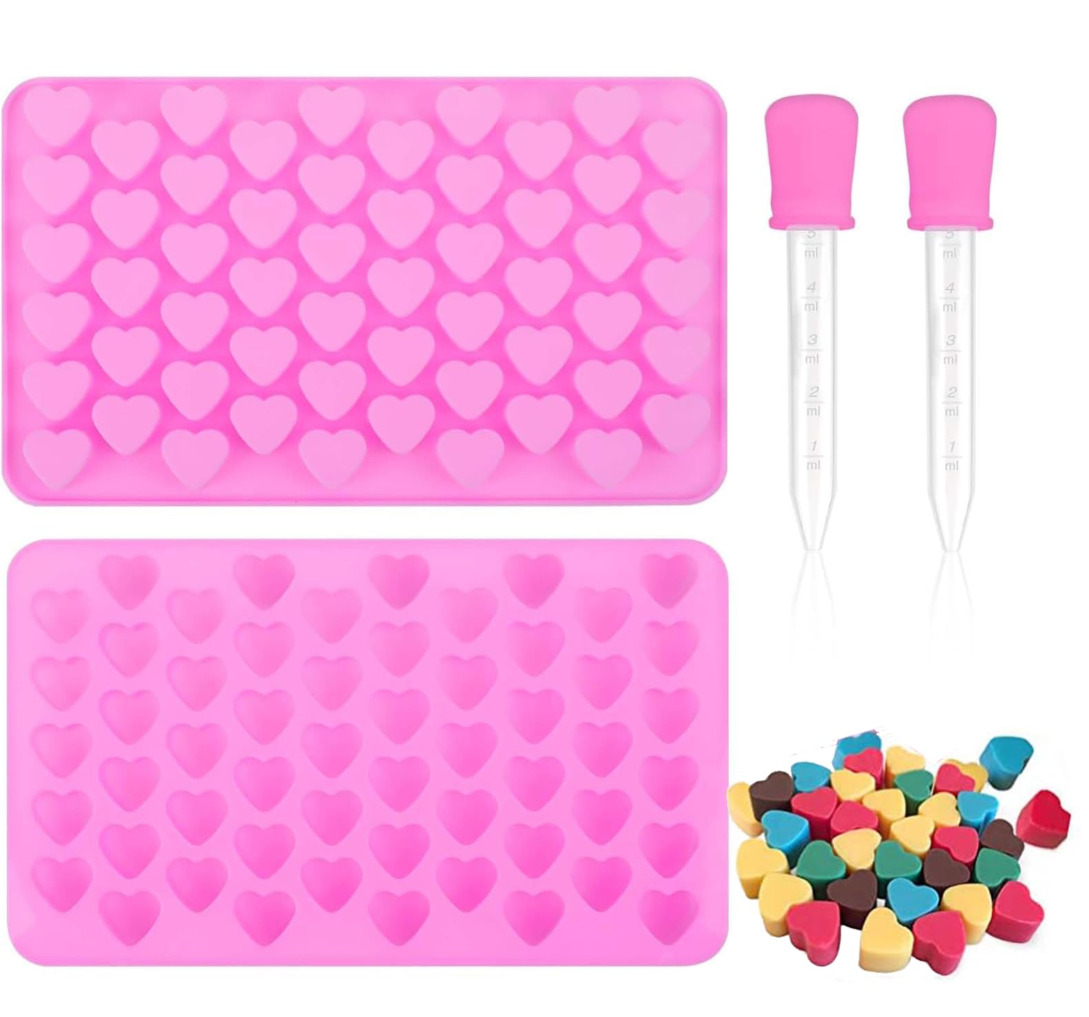 UTRUGAN 6 PCS Moule en Silicone en Forme de Coeur Moule à Bonbons au Chocolat Antiadhésif Mini Moule à Biscuits Réutilisable 55 Cœurs avec 2 Compte- gouttes 5ml pour Gâteau Muffins Gelée Savon(Rose