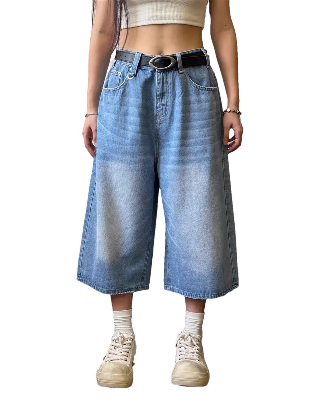 Damskie szorty retro z wysokim stanem proste kieszenie hip-hop szorty streetwear spodnie dżinsowe