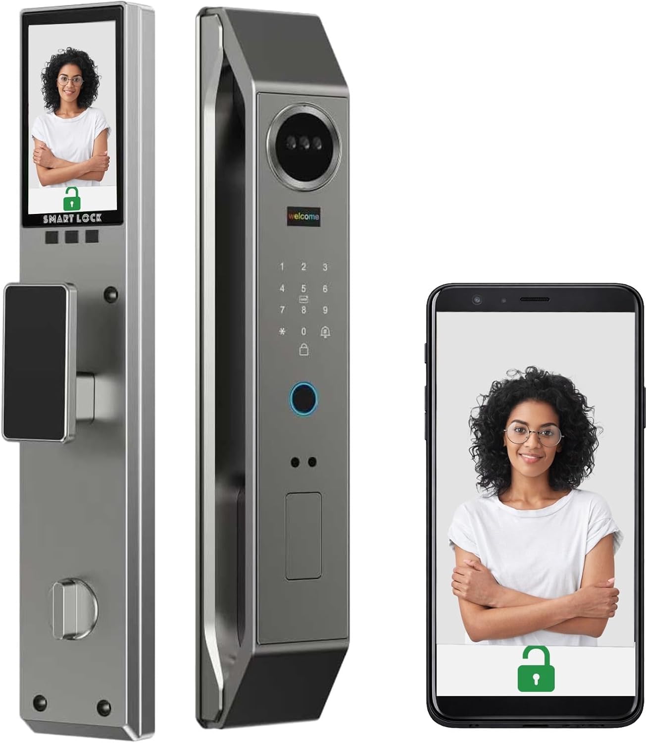 3D Face Recognition Smart Door Lock: Video Doorbell, 1080p Camera, 4.5" HD Screen, Keyless Entry, Alexa Compatible Via Tuya App, Fingerprint, IC Card, Keys, Aluminum Alloy, Deadbolt, Sliver