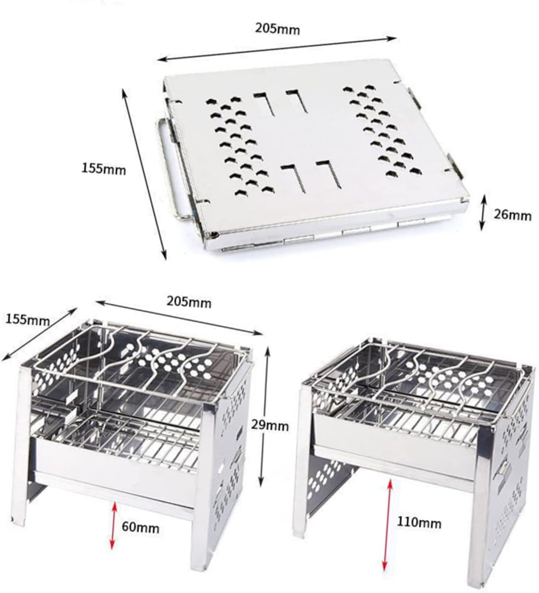 VICASKY 1Pc Outdoor Mini Collapsible Stainless Steel Burning Stove Portable Bbq Grill for Camping Hiking Picnics Durable Cookware Silver