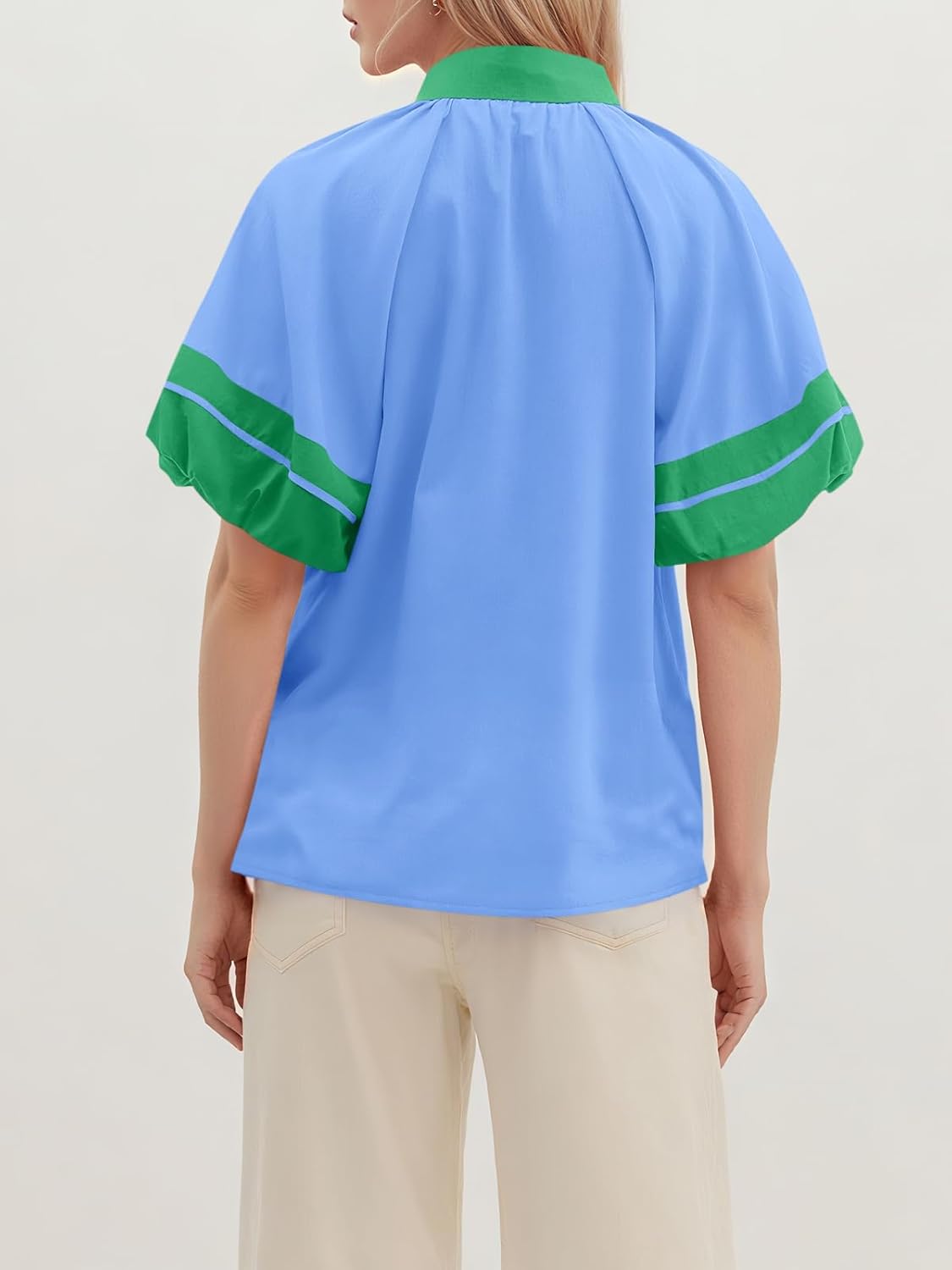 Cicy Bell Womens Color Block Puff Half Sleeve Tops Casual V Neck Blouse Loose Fit Side Split Shirts - Image 4