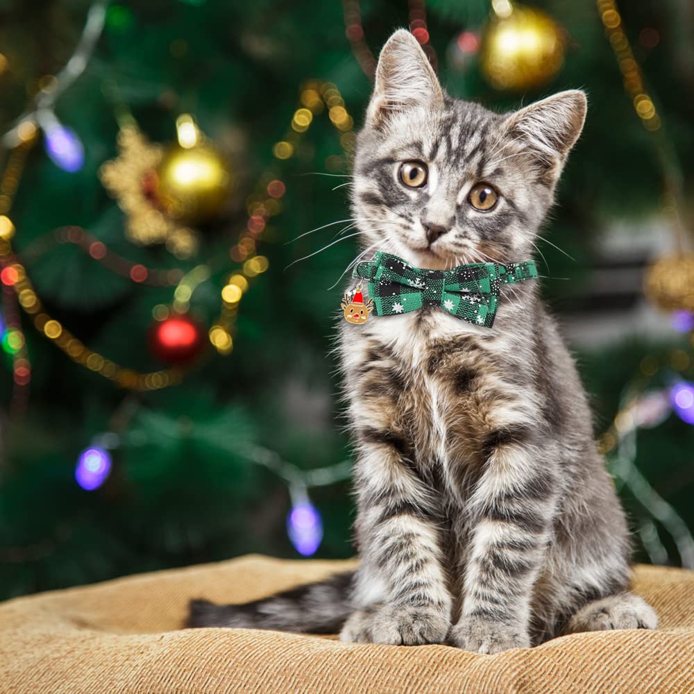 YUJUN 3er-Pack Weihnachts-Katzenhalsbänder mit Fliege und Glocke, verstellbar, kariert, Schneeflocke, Halsband, Schnalle, Sicherheit für Welpen, Kätzchen