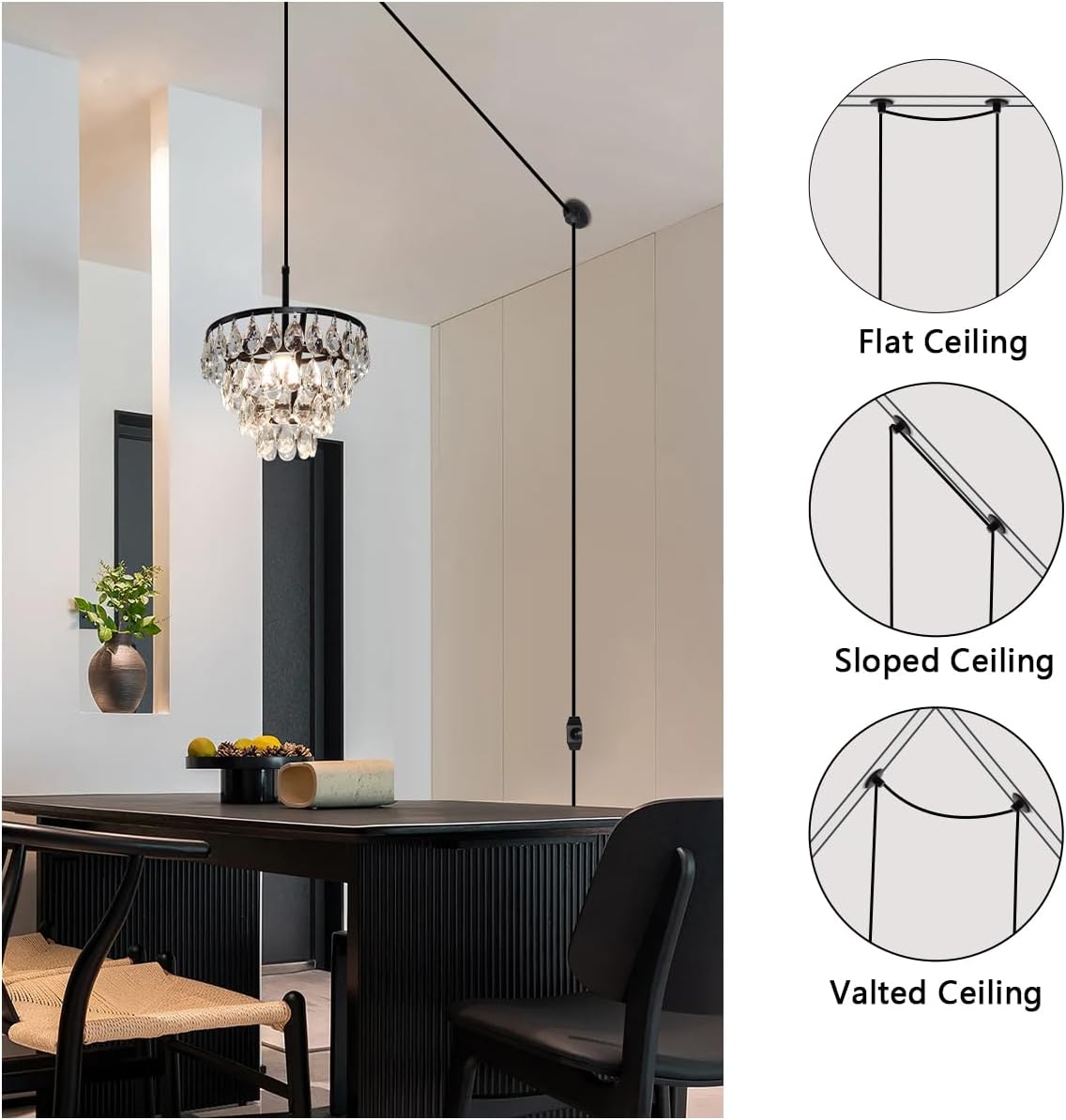 Sedelan Plug in Chandelier, Crystal Hanging Lamp, Mini Hanging Lights with Plug in Cord for Closet Bedroom, Modern Pendant Light Fixtures, Adjustable Height Black