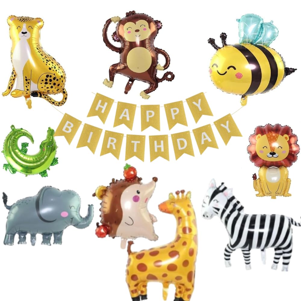 Jungle Animal Birthday Party Decorations – 10ft Gold Glitter Happy Birthday Banner & Zoo Safari Foil Balloons with Lion, Elephant, Giraffe, Zebra, Monkey, Tiger, Hedgehog, Bee and Crocodile