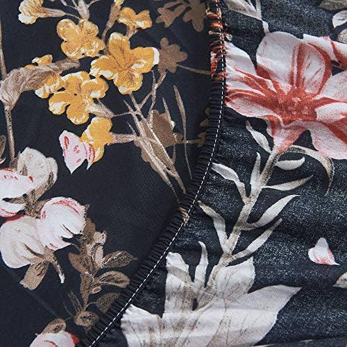 YEPINS Microfiber Fitted Sheet, 3 Piece(1 Fitted Sheet and 2 Pillowcase), Floral and Branch Printed Pattern Design Black Background- Full Size